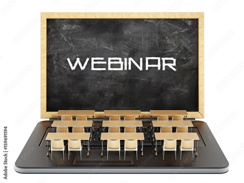 Webinar word on the blackboard as laptop screen. 3D illustration Webinar word on the blackboard as laptop screen. 3D illustration