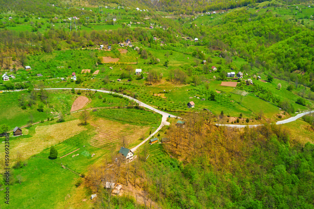 Top view of a village near the forest