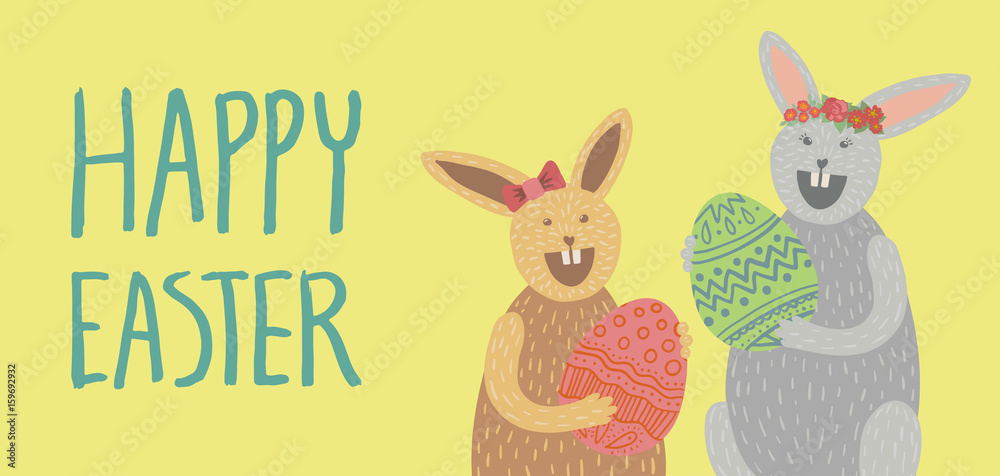 Fototapeta premium Happy Easter card with bunny and eggs