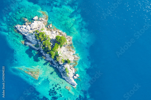 Top view of the island with green plants