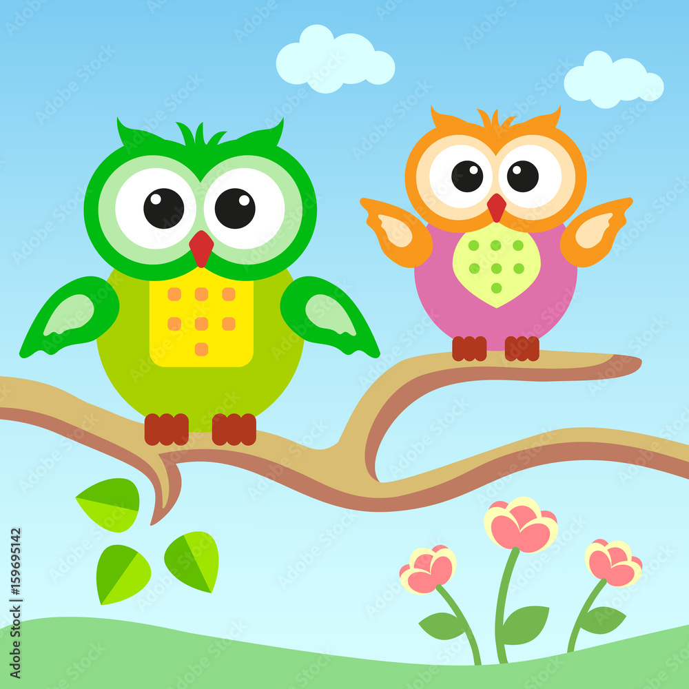 Naklejka premium Cartoons owls sitting on a branch.