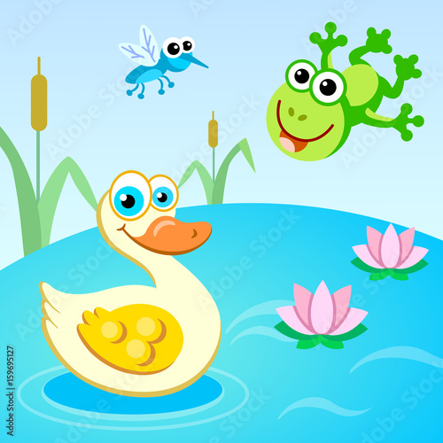 Duck, frog and mosquito on the lake. © Kravhenko