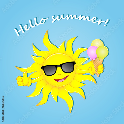 Hello summer. Fun sun in glasses with ice cream in hand. Vector illustration. Summer time. Holidays.