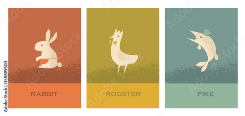 concept restaurant poster set with french food - rooster, pike, rabbit. vector illustration rith cafe signs set