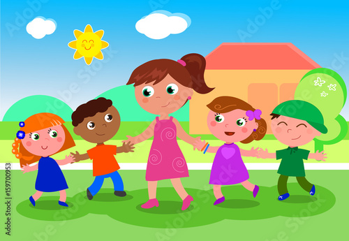 Cartoon woman with group of kids vector