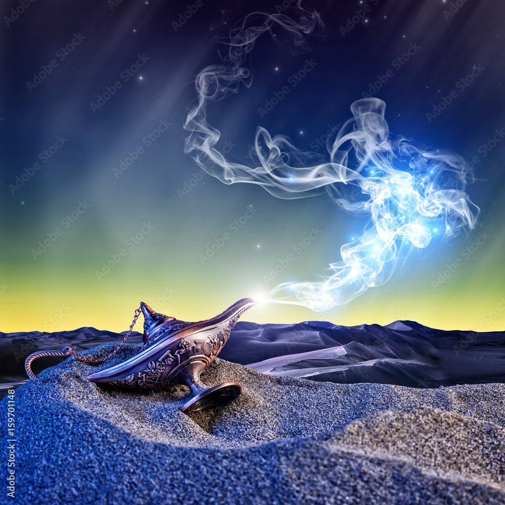magical aladdin lamp with smoke coming out in a night resting on the dunes  of a desert. magical and evocative atmosphere. Stock-Foto | Adobe Stock