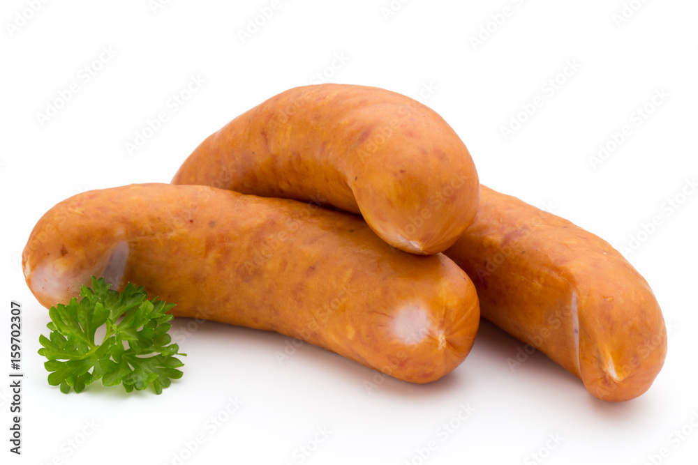 Sausage and spices isolated on white background, fresh delicious frankfurter. Sausage and spices isolated on white background, fresh delicious frankfurter.