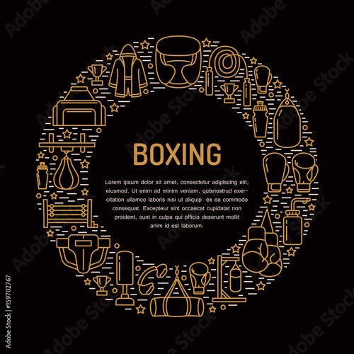 Boxing poster template. Vector sport training line icons, circle illustration of equipment - punchbag, boxer gloves, ring, heavy bags. Box club banner with place for text.