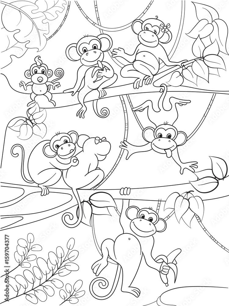 Family of monkeys on a tree coloring book for children cartoon vector illustration