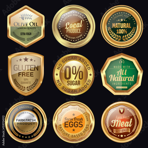 Set of food badges. Golden and luxury badges.