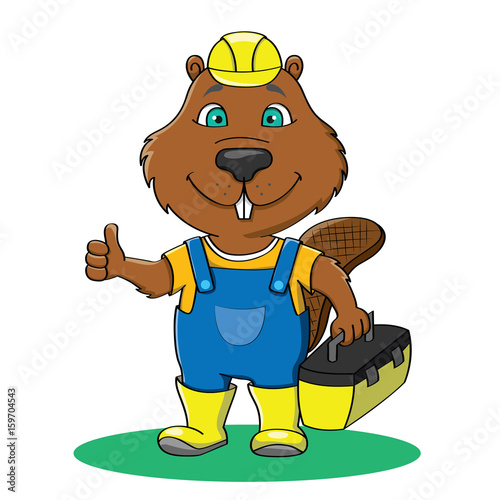 Funny beaver builder in overall and yellow work helmet showing thumb up and holding box with tools