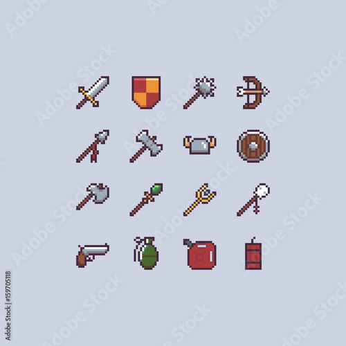 Pixel weapons icon set