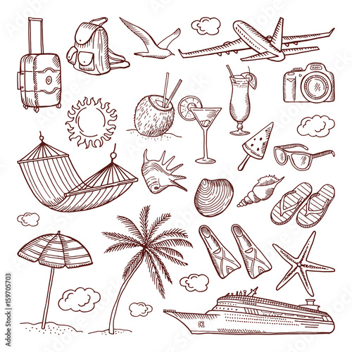 Summer time theme in hand drawn style. Vector doodles icon set