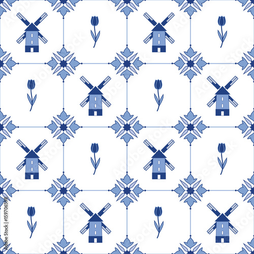 Seamless vector delftware pattern with tulips  and mills