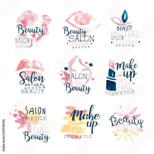 Beauty salon logo design, set of colorful hand drawn watercolor Illustrations