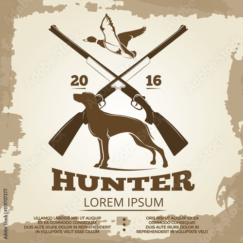 Hunting vintage poster design with guns, dog and duck
