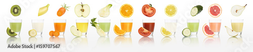 fruits and vegetables juice glasses  isolated on white background, diet concept and panorama web banner