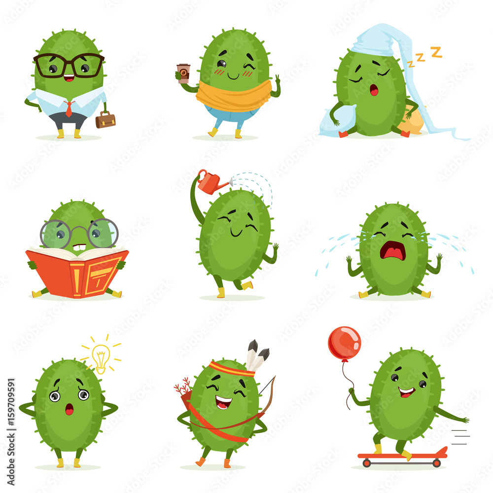 Cute cactus cartoon characters set, cacti activities with different emotions and poses, colorful detailed vector Illustrations Cute cactus cartoon characters set, cacti activities with different emotions and poses, colorful detailed vector Illustrations