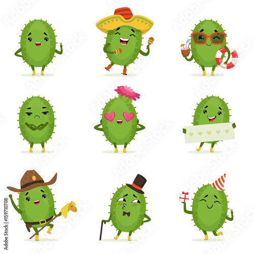 Cute cactus cartoon characters set, cacti activities with different emotions and poses, colorful detailed vector Illustrations