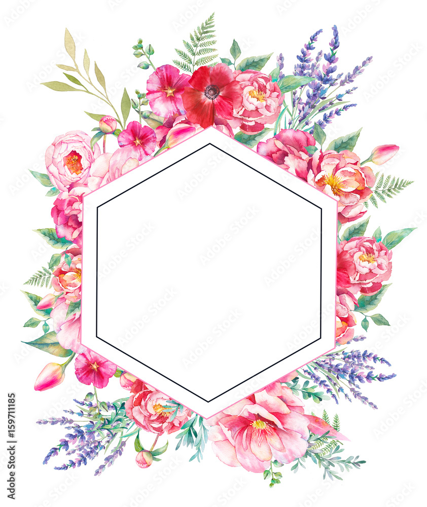 Hexagon floral frame. Hand drawn flowers card design with peony, lavender, fern leaves, anemone and roses. Greeting or wedding template. Hexagon floral frame. Hand drawn flowers card design with peony, lavender, fern leaves, anemone and roses. Greeting or wedding template.