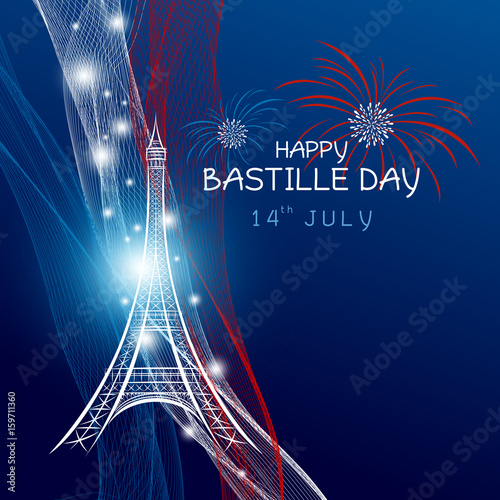 Vector 14 july bastille day paris design with firework of eiffel tower and france flag on blue background