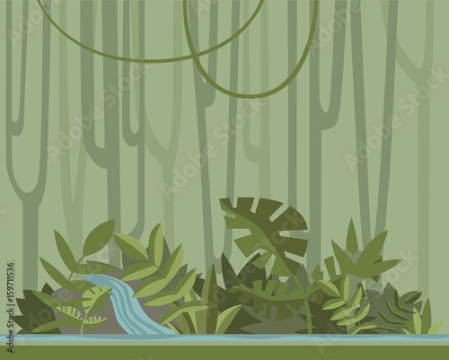 Green jungle forest with river. Vector background illustration.
