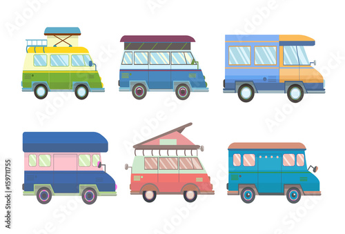 Set of various minivans and motorhomes in flat style. Vector illustration, isolated on white background.