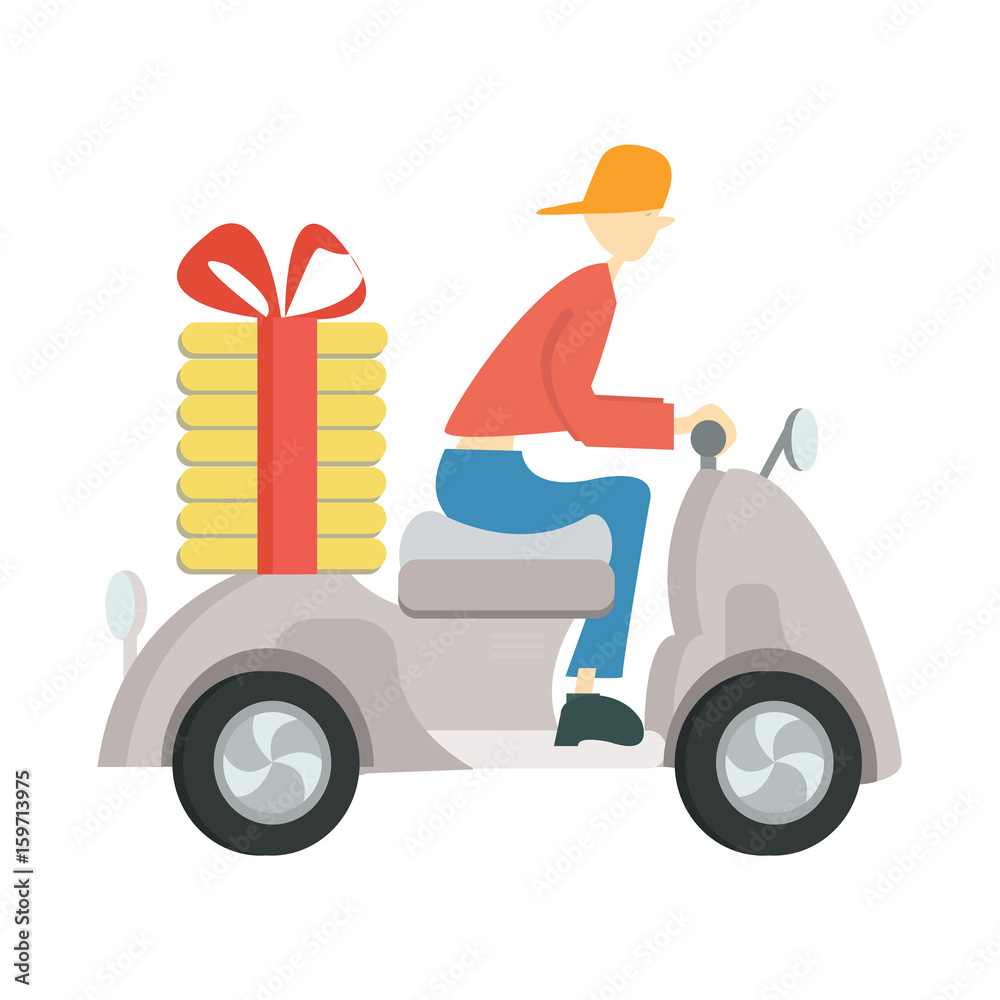 Pizza delivery on a scooter. Man driving a moped. Vector illustration, isolated on white background.