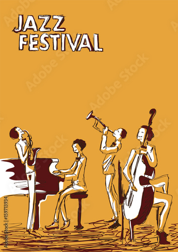 Poster for jazz music festival or concert. Jazz band on orange background.