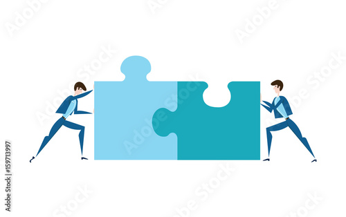 Two businessmen pushing the pieces of puzzles. The concept of joint problem solving, teamwork, cooperation. Vector illustration, isolated on white background.