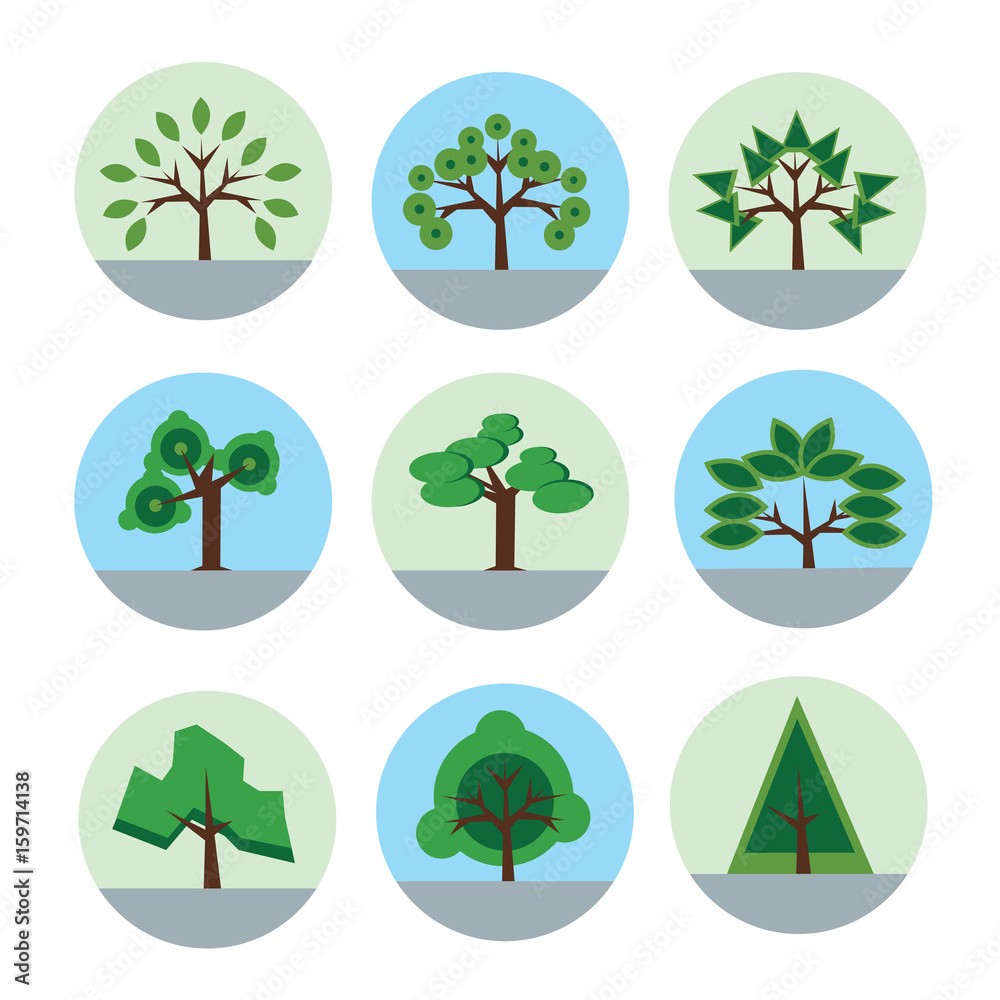 Tree icon set in flat style. Vector logo illustration, isolated on ...