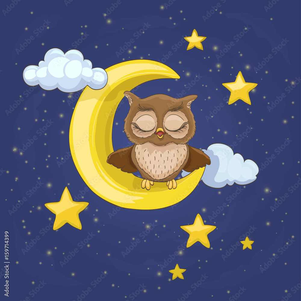 little owl sitting on a moon with clouds and night stars, yawning with closed eyes. vector cartoon illustration
