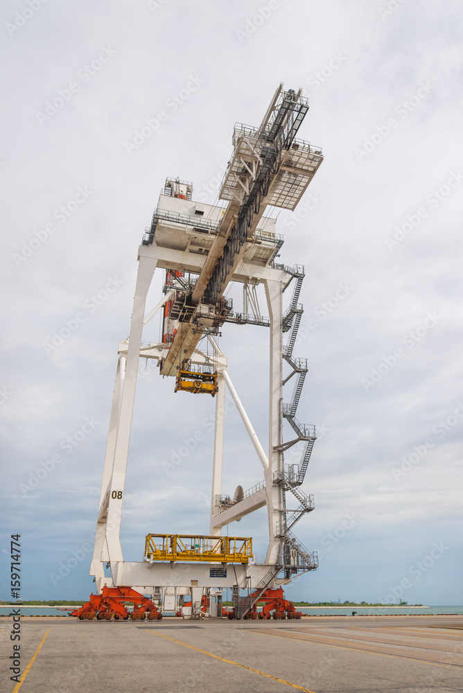 Industrial crane and lorry truck loading containers in cargo freight ship container seaport during import and export transportation Industrial crane and lorry truck loading containers in cargo freight ship container seaport during import and export transportation