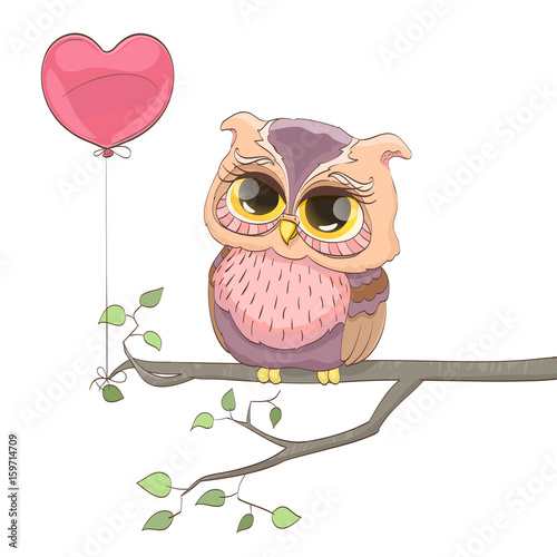 sweet owl and heart balloon. cartoon vector illustration