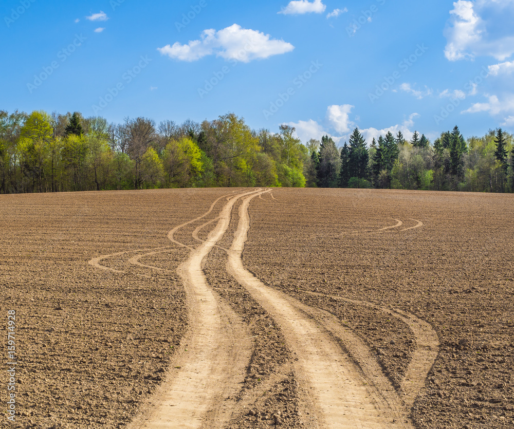 Tracks of cars on the plowed field