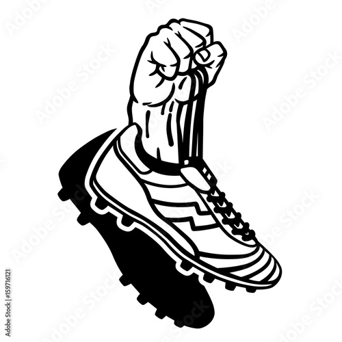 Raised hand holding football boots. Hand drawn vector illustration, isolated on white.