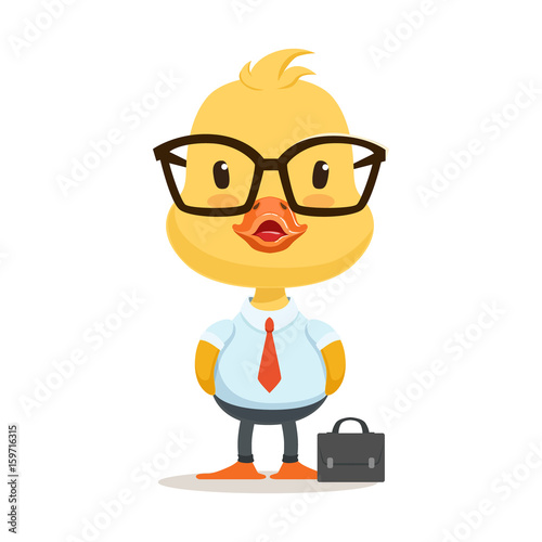Little cartoon duckling character wearing as office worker, cute emoji vector Illustration