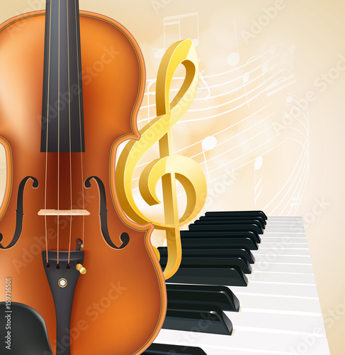 Violin and piano keys, musical lines and notes, golden g clef. Music background. vector