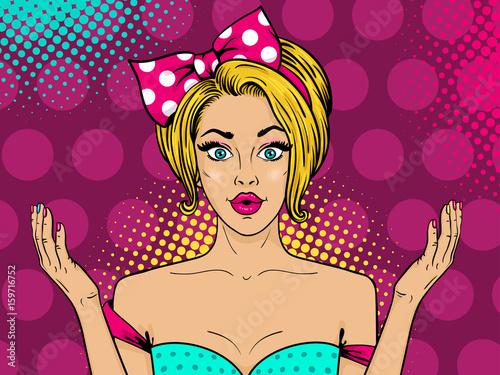 Wow female face. Sexy surprised woman with open mouth, blonde hair and big bow on head rising her hands on halftone background. Vector colorful background in pop art retro comic style.