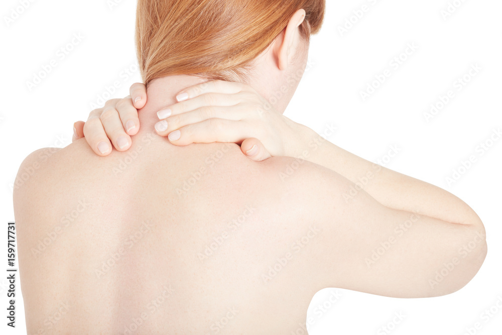 Woman holds both hands on neck painful area on white, clipping path Woman holds both hands on neck painful area on white, clipping path