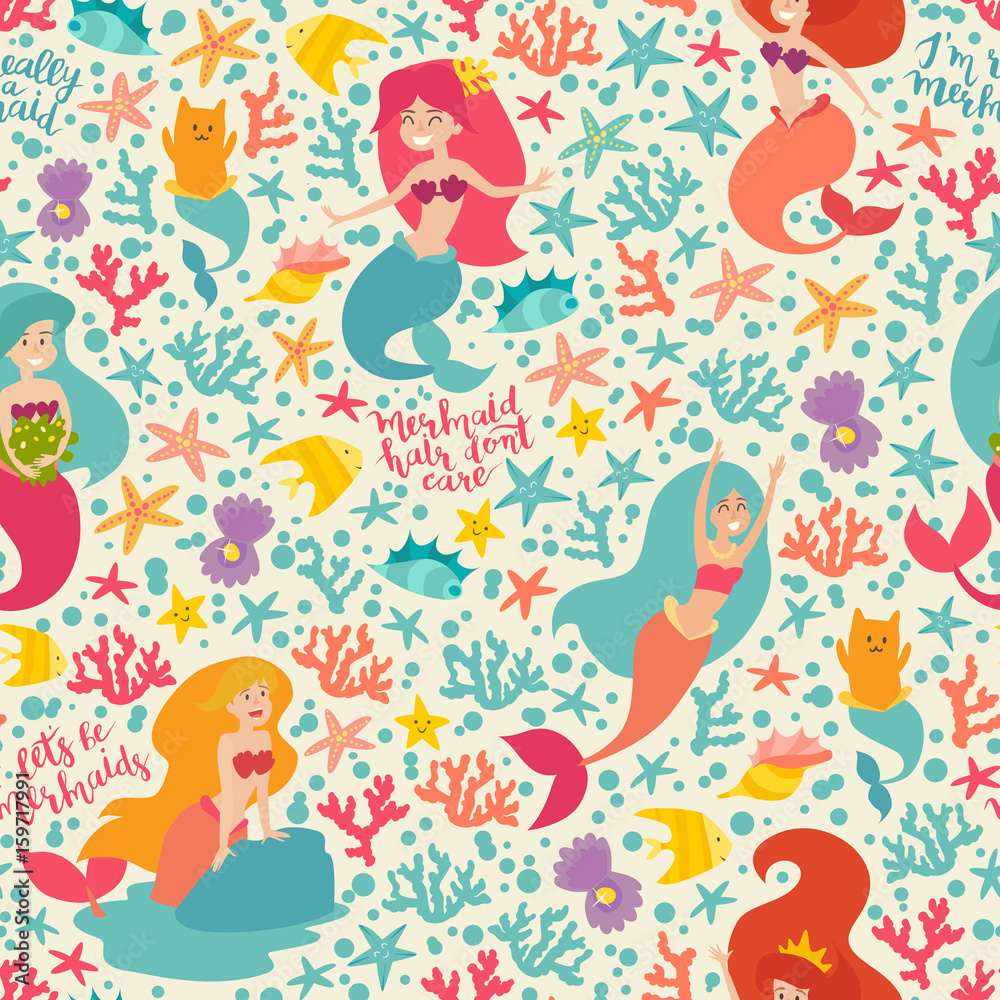 Mermaids characters vector seamless background. Flat style doodle characters. Cartoon little mermaid, shell, fish and cat. Under the sea summer pattern
