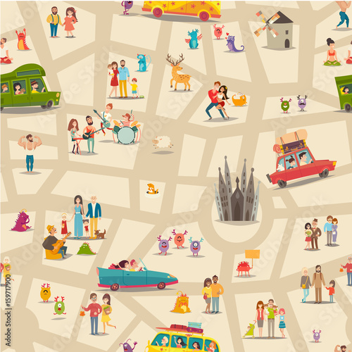 Abstract map seamless vector background. Animals, musicians on the park and people on the bus. Abstract wallpaper. Travel by car, car on the road, open air yoga and other activity on background