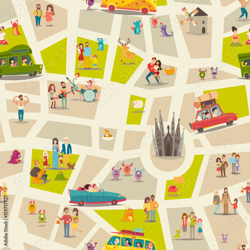 Abstract map seamless vector background. Street map pattern, detailed illustration. People, happy families, childrens, musicians and animals on abstract map wallpaper. Cartoon style pattern