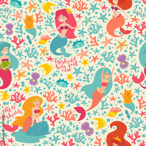Mermaids characters vector seamless background. Flat style doodle characters. Cartoon little mermaid, shell, fish and cat. Under the sea summer pattern