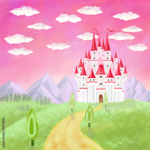 cartoon castle, trees and mountains, clouds on pink sky background