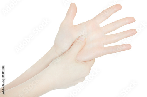 Woman hand touching the painful palm area on white, clipping path