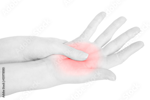 Woman hand with palm pain, red area on white, clipping path