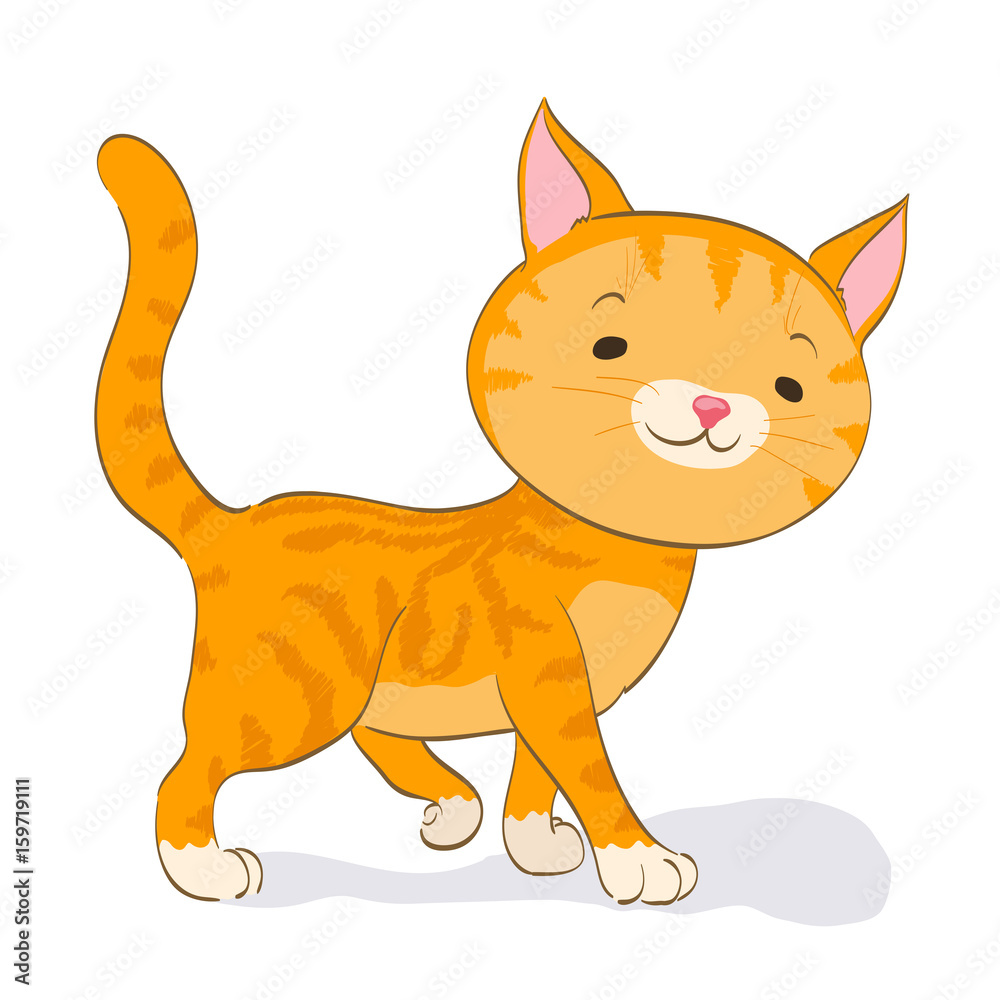 cute little cat walking. red tabby kitten. cartoon vector illustration
