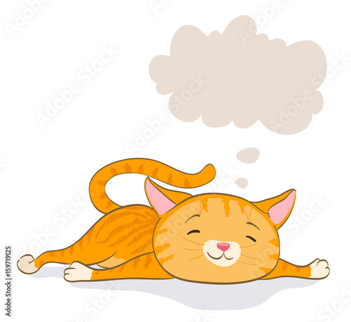 cute little cat laying and thinking. red tabby kitten and speech bubble. cartoon vector illustration