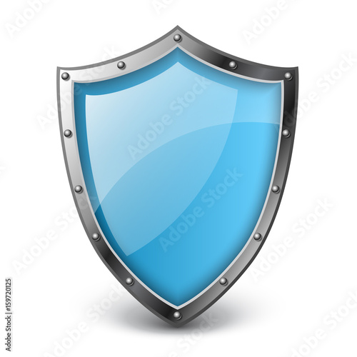 Realistic blue shield vector illustration, isolated on white with metallic border
